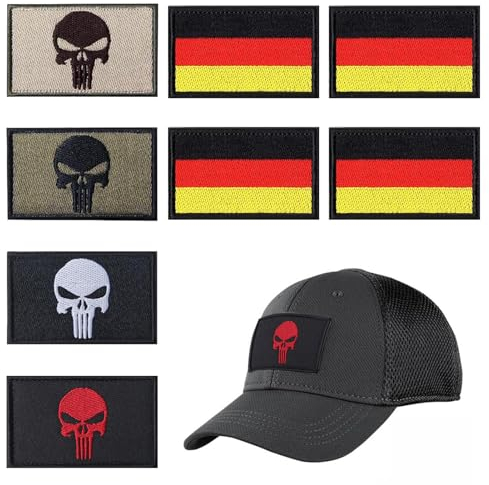 8 Stück Germany Flag Patch mit Klett, 8 x 5 cm Airsoft Patch Velcro, Skull Patches Klett Taktischer Aufnäher Moral-Patch für Kleidung Rucksack Baseballkappe Uniform Weste Dog Punisher Patch