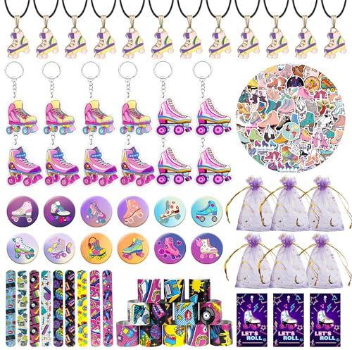 122 Stück Rollschuh-Partyzubehör mit Schlüsselanhänger, Knopfnadeln, Aufkleber, Gummi-Armbänder für Hip-Hop-Disco, 80er-90er-Jahre-Motto-Party (Stil 2)