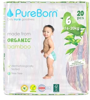 PureBorn Organic Natural Bamboo Baby Disposable Diapers_Size 6, From 16 to 20 kg_20 pcs_Assorted_Single Pack_Premium Super Soft_ Maximum Leakage Protection_Eco Friendly Nappies_NB Essentials