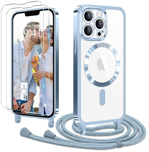 Ethanger für iPhone 12 Pro Max Hülle mit Band + 2 Schutzfolie, Blau | Handyband Transparent Silikon Handyhülle, Magnetische Schutzhülle Case zum Umhängen Kordel