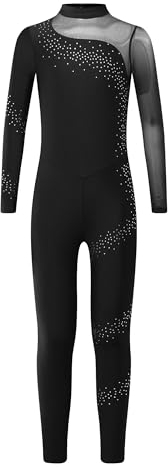 TiaoBug Turnanzug für Mädchen Ganzkörperanzug Langarm Gymnastikanzug Rollkragen Mesh Spleiß Trikotanzug Ballett Tanz Leotard Yoga Training Bekleidung Schwarz 134-140