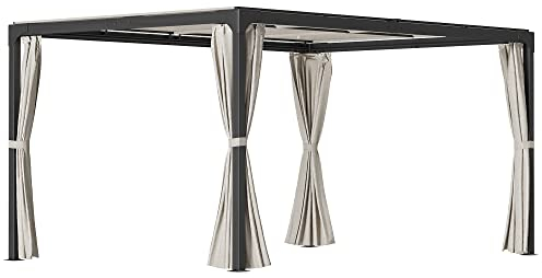 Outsunny Pergola, 4,2 x 2,95 m Pavillon, Terrassenpavillon mit Ausziehbarem Dach, Terrassenüberdachung mit Vorhängen, Gartenpavillon für Hof, Stahl+Alu, Beige