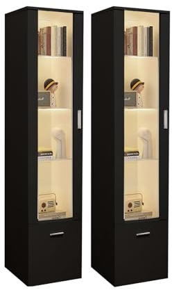 Juego de 2 vitrinas LED con Puerta y estantes de Cristal, Luces para Armario de Almacenamiento, para salón de Oficina, 42 x 30 x 160 cm, Color Negro
