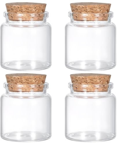 4 bottiglie di vetro con tappo di sughero, vuoto, 50 ml, piccoli barattoli con coperchio, trasparenti, mini barattoli per conserve, fiale in vetro, per decorazioni, feste, spezie da cucina, lavori fai