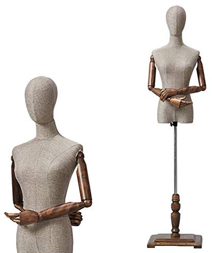 Schaufensterpuppe, verstellbar, weibliches Leinen-Design, hellbrauner Torso, Schneiderpuppe für Kleidungsdisplay, Modellständer mit Holzarmen (BL)