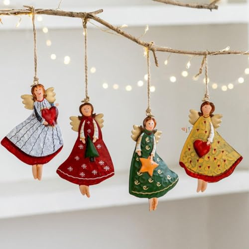 jileijar 4 Stück Retro-Eisenkunst-Weihnachtsengel Dekoration, 11,9 cm, bemalte Metall-Engel-Ornamente, Weihnachtsbaum-Anhänger, Retro-Landschaft, Bauernhaus, Zuhause, Weihnachten, Urlaub, Party,