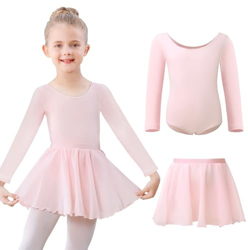 Kefiyis Ballet Leotard for Girls Long Sleeve Ballet Dress Cotton Dance Leotard with Skirt Ballerina Costume Outfit for 3-11 Years Pink 110