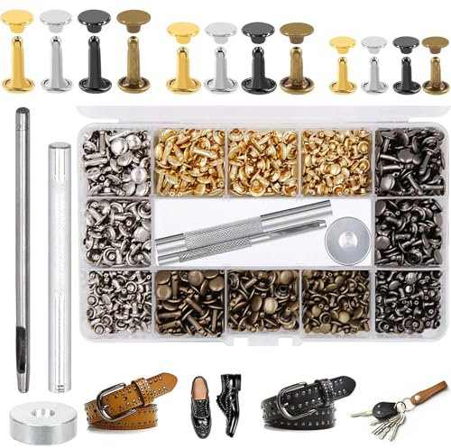 HaploS 180 Set Leder Nieten Metallniete Doppelkappe in 3 Größen, 4 Farben Handgefertigt Hohlnieten mit Nietenzange Lochzange Hohlnieten, für Leder Nieten für DIY Lederhandwerk Kleidung Dekoration