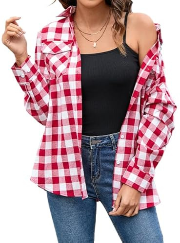 Stamain Chemise a Carreaux Femme Chemise à Boutons à Manches Longue Chemise à Carreaux pour Femmes Chemisier Country Top à Enrouler Décontracté Bureau Classique Fête avec Poches S-3XL