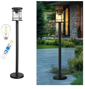 Emliviar Solar LED Outdoor Floor Lamp Waterproof IP43, Auto On/Off Portable Deck Pole Light Fixture, Exterior Black Post Lantern with Water Ripple Glass, XE229PL-S-ML SL BK