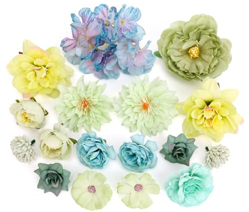 MWOOT 17 Stück Künstliche Blumenköpfe, Kunstblumen für Handwerk, Gefälschte Rosen Pfingstrose Seerose für DIY Hochzeit Party Festival Haus Garten Dekoration, Kunstblumen Deko(Grün)