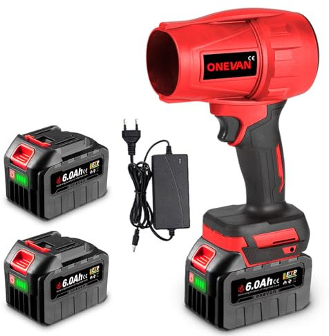 ONEVAN Ventola turbo, batteria con 2 batterie da 6000 mAh, spazzaneve senza spazzole, 28000 giri/min, soffiatore elettrico per soffiare foglie, neve, polvere, soffiaggio 1,2 kg