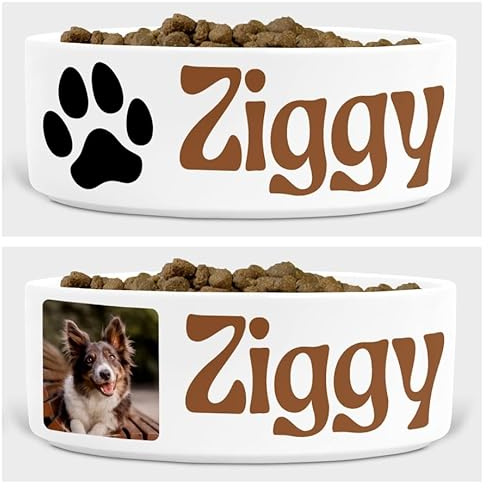 Personalised Dog Bowl – Custom Pet Name, Photo & Colour Options – Ceramic Food/Water Dish – Multiple Fonts & Layouts