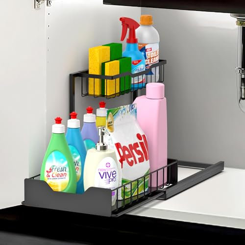 ​​Vinsani - Estante de almacenamiento de metal para debajo del fregadero, organizador de cocina de 2 niveles con cajón deslizante y cesta extraíble, organizador de armario de cocina resistente con
