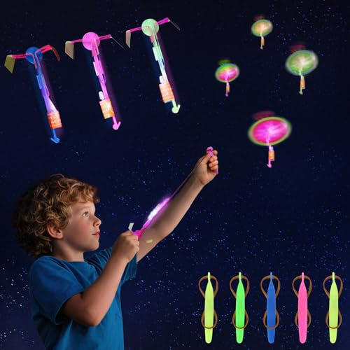 EKKONG LED Lanzador de Helicóptero 25 Piezas LED Lanzador de Cohetes con Pilas Vuelo Juguete Luminoso Tirachinas Juguete Set para Niños Cumpleaños, Actividades, Regalo