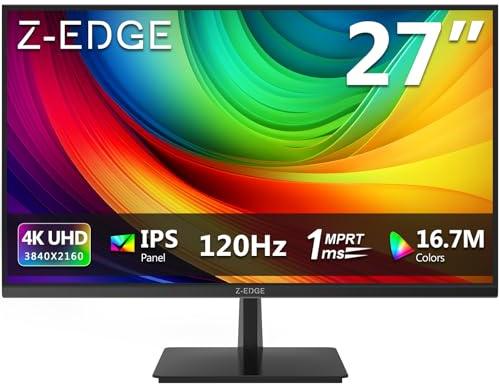 Z-Edge Écran PC 27'' IPS 120Hz, 4K UHD (3840x2120), 1ms, FreeSync, Moniteur Gaming Bureau, Inclinaison Réglable, Couleurs Ultra Réalistes & Cadre Ultra Slim, 2×HDMI2.1 & 2×DP1.4, VESA