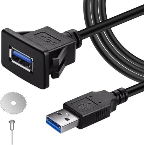 DAOKAI USB Panel Flush Mount Cable,Square Single Port USB 3.0 Extension 1M/3ft Pure Copper with Buckle Dash Mount for Car Truck Boat Motorcycle Dashboard