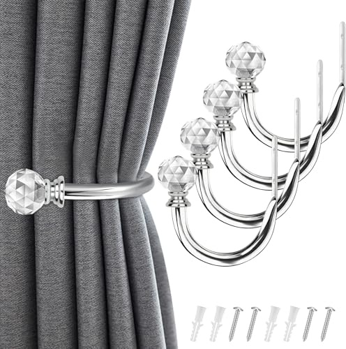 IAGORYUE 4 Pieces Curtain Holdbacks U Form Wall Mounted Curtain Tie Backs Hook Decorative Metal TieBacks with Crystal Ball Curtains Holder Holdbacks for Window Shower Drapery Voile Towel Coat (Silver)