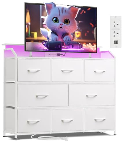 WLIVE White Chest of Drawers with LED&Charger, 8 Fabric Drawer Bedroom