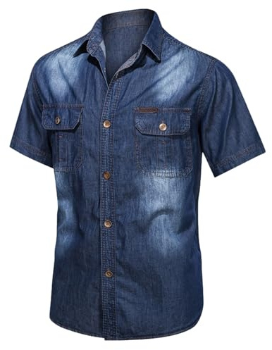 Man Shirt Retro Casual Denim Shirt Short Sleeve Pocket Turn Down Button Mens Large Short Sleeve T Shirts (Dark Blue, XL)