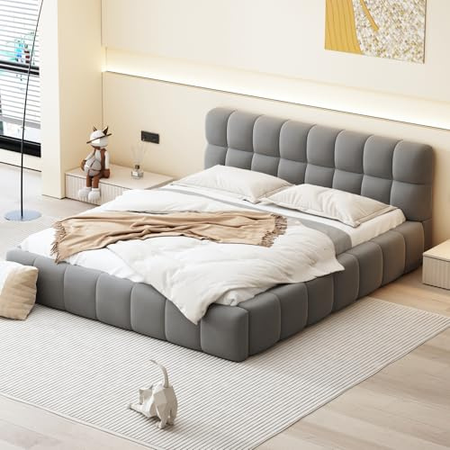 WSOFZMO Polsterbett 160 x 200 cm, Doppelbett 160x200 mit Lattenrost, Bubble Bett Bettgestell, Jugendbett mit Gepolstertes Kopfteil, Leinen, Ohne Matratze (Grau, 160 * 200)