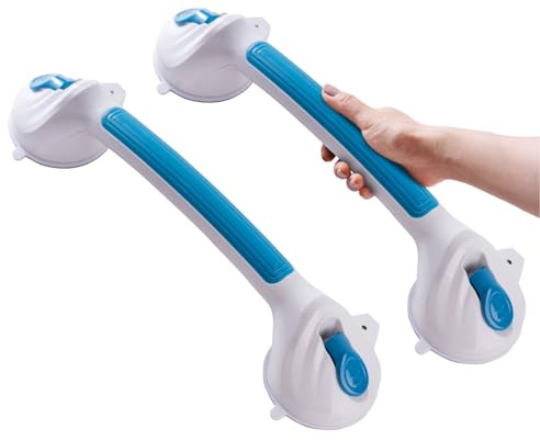LEATALE Shower Grab Bars for Seniors 2 Pack,16.8 Suction Shower Handle with Safety Indicator, No-Drill Bathroom Safety Rails for Elderly, Bathtub & Tile/Glass (Blue)