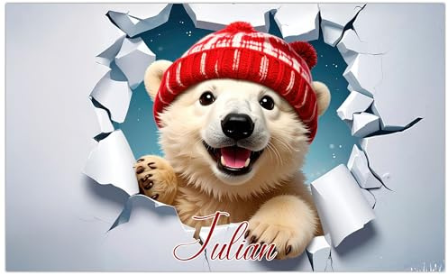 timalo Cooles Poster Weihnachten personalisiert mit Namen | 80 x 61 cm Eisbär | Bild Winter für die Wand Kinderzimmer lustige Tiere Jungs und Mädchen Zimmer Wandbilder Teenager 3D Schnee