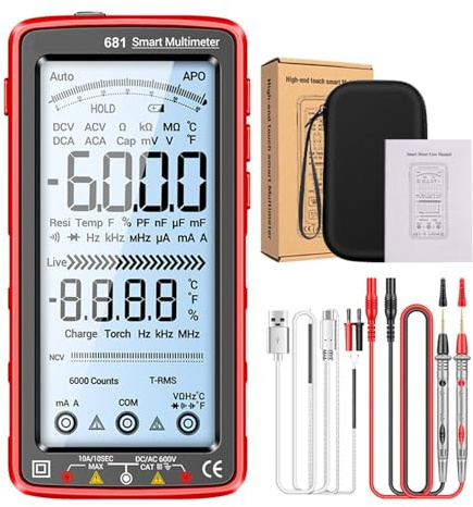 Wodsty 681 Multímetro digital de pantalla completa con batería de litio recargable por USB, 6000 unidades, probador de voltaje sin contacto NCV, linterna, para apagado automático para electricistas y