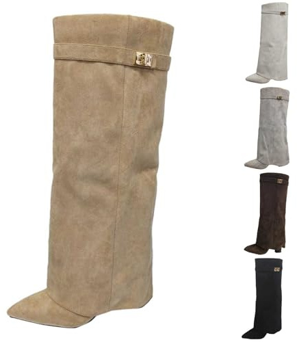 Stivali sopra il ginocchio, da donna, larghi, Shark Boots, punta con plateau, tacco lungo, piegati sopra il ginocchio, con tacchi alti, invernali, in pelle calda, alla moda, comfort, beige., 40 EU
