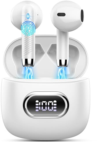 Wireless Earbuds, Bluetooth 5.4 Headphones 2026 Wireless Headphones with Deep Bass, New Mini Bluetooth Earphones in Ear 4 ENC Mic, Noise Cancelling Ear buds 42H Bluetooth Earbud Dual LED Display,White
