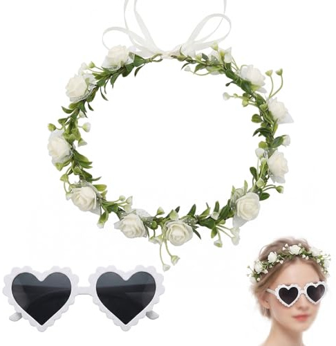 Blumenkranz Haare mit Herz Sonnenbrille JGA Accessoires Frauen Set, Haarkranz Trockenblumen Weiß für Hochzeit Junggesellenabschied Frauen Bride to Be Deko, Kopfschmuck Braut Kommunion Mädchen