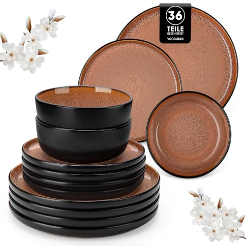 vancasso AMBER - Juego de vajilla para 12 personas (gres, 12 personas, 36 piezas, con plato llano, plato de postre, cuenco, esmalte reactivo, apto para lavavajillas, rojo fuego)
