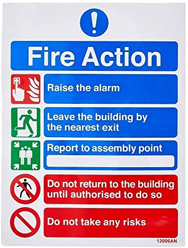 V Safety General Fire Action 5 Message Risks Sign - Portrait - 150mm x 200mm - Self Adhesive Vinyl