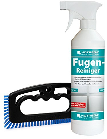 HOTREGA Fugenreiniger 500ml | Für Bad & Dusche | Extra stark und säurefrei | Entfernt Fett Seife Kalk | Frischt die Fugenfarbe auf | inkl. Fugenbürste