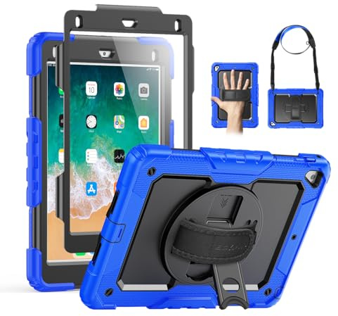 SEYMAC Case for iPad Air 2, for iPad 6th/5th Generation, iPad Pro 9.7 inch | Shockproof Protective Case with 360° Degree Stand [Hand & Shoulder Strap] Screen Protector for iPad 9.7 Inch, Blue