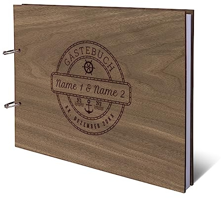 Hochzeit Gästebuch Okoume Holz Gravur individuell Holzcover mit 144 Naturpapier Innenseiten DIN A4 quer 302 x 215 mm - Maritim
