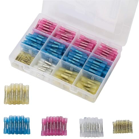 DINGYUAN Cosses à sertir – connecteurs bout à bout thermorétractables, 240 pièces, 26–10 AWG (0,25–6 mm²), étanches, gaine adhésive 3:1, fût en cuivre, auto/marine