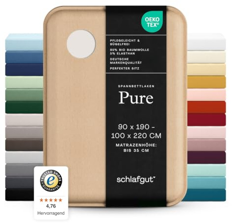 schlafgut Pure Spannbettlaken 90x200 cm Bio-Baumwolle Jersey, Sand Light | Bettlaken, Spannbetttuch 100x200, 90x190 bis 100x220 cm, Sand, Mako Baumwolle Elasthan, bis 35 cm Steg