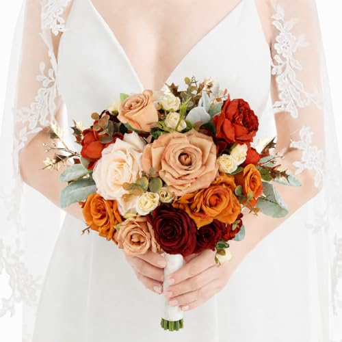 Rinlong 9 Wide Burnt Orange Wedding Bouquet for Bride, Rustic Terracotta Artificial Flowers Bridal Bridesmaid Bouquet for Fall Wedding Prom