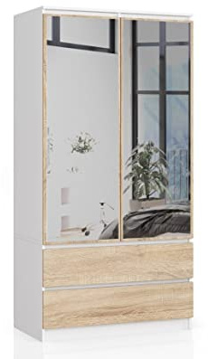BDW Kleiderschrank 2 Türen 2 Schubladen 2 Spiegel für das Schlafzimmer Wohnzimmer Diele 180x90x51 (Weiß - Sonoma-Eiche)