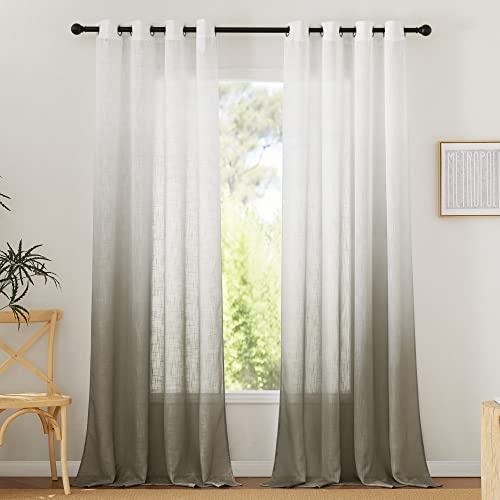 PONY DANCE Rideaux Salon - Decoration Maison Rideau à Couleur Dégradé Voile en Lin Effet Demi Transparent pour Chambre à Oeillets Prêt à Poser, L 140 x H 245 cm, Taupe, 2 PCs