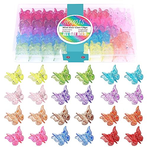 HOYOLS Glitzernde Schmetterlings Haarclips, 48 Stück Y2K Mini Krallenclips | Haarspangen in 12 Bonbonfarben mit Rutschfestem Halt, 90er Y2K Haaraccessoires für Zöpfe, Dutts, Partys, Festivals Sowie