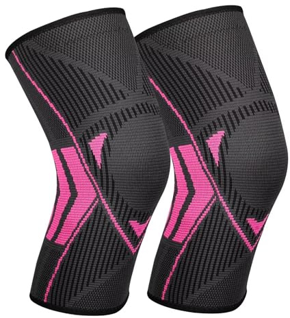 Ruilala Rodillera de compresión para rodilleras, 1 unidad, con tiras de silicona antideslizante, elástica, para hombres y mujeres, para artritis, ACL, menisco, deporte, fitness, color rojo rosa, M