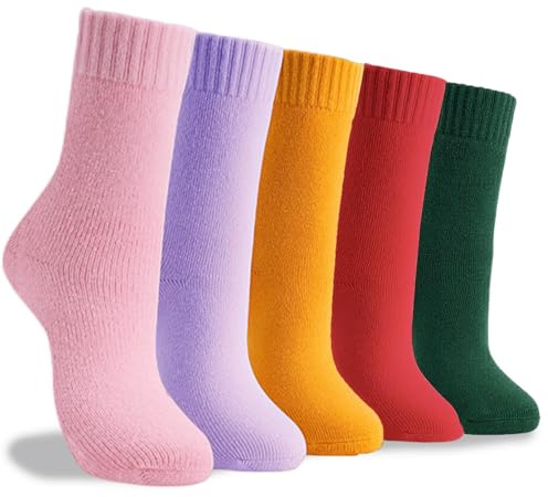 Josnown termostrumpor dam, 5 par varma och tjocka ullstrumpor för kvinnor, enfärgade termiska vinterstrumpor stickade strumpor, storlek 35–42, Orange/lila/rosa/röd/grön, 35-42 EU