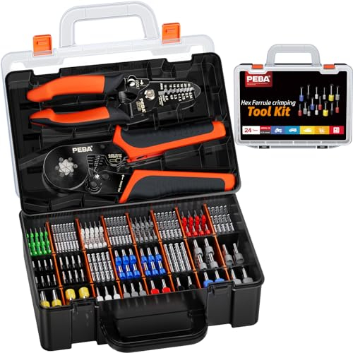 PEBA Ferrule Crimping Tool Kit, Hexagon Pliers AWG28-7, 24 Sizes Ferrules(AWG24-8) & Wire Stripper for Electrical Wiring/DIY Terminals | Self-Adjusting Ratchet Crimper - Copper Ferrule Kit