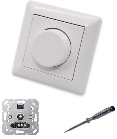 EBROM SET IDEE: JUNG 1730DD LED-Dimmer Dimmerscheibe Zentralplatte A1740WW | Dimmer + Dimmerscheibe Zentralplatte A1740WW Einfachrahmen alpinweiß glänzend + EBROM Phasenprüfer zur Montage des Dimmers