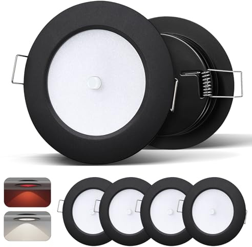 camperxlite 4 Piezas 2.5W Foco Empotrable 12VDC Regulable para Camper, 76mm Aluminio Extraplano Focos LED Interior Techo 24VDC, Spot con Luz Roja para Autocaravana Barco Tráiler Baño CRI 93 (5000K)