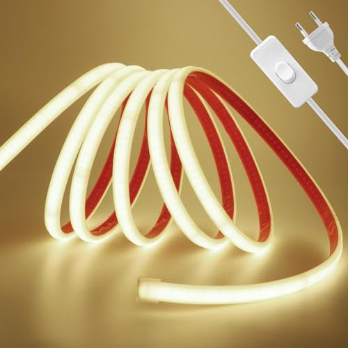 Wisada Anschluss an AC220-240V COB Streifen Selbstklebend mit ON/OFF Schalter, 20M 240LEDs/m Superhell Flexible FCOB LED Band (Schnitt alle 10cm), IP65 Naturweiß LED Leuchtband für Weihnachten