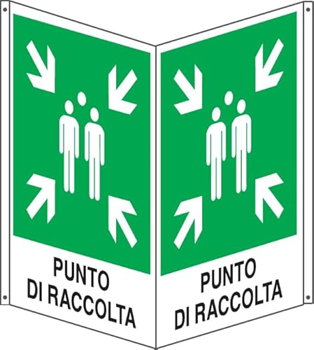 GLOBAL CARTELLO SEGNALETICO BIFACCIALE QUADRATO - PUNTO DI RACCOLTA - In Alluminio Con Stampa Diretta U.V. (IDEALE ANCHE PER ESTERNO) (40x40 cm)