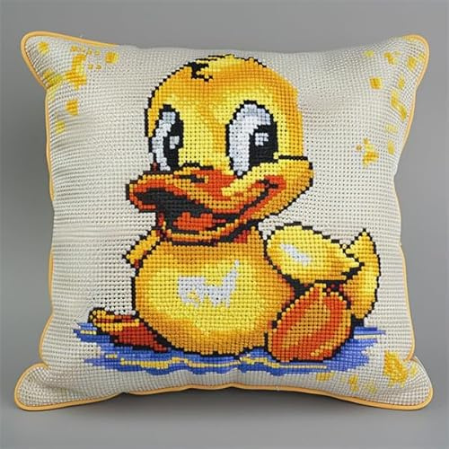 Lfynior Kreuzstich Kissen Set Vorgedruckt Ente Stickkissen zum Selbersticken 45X45cm Stickpackung Stickset Kreuzstich Kissen zum Basteln Stickkissen Stickpackung mit Vorgedruckt Kreuzstichmotiv